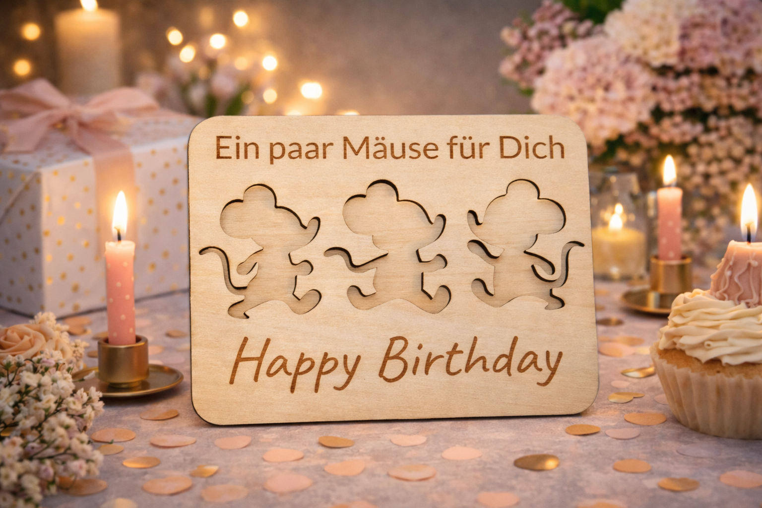 Holzkarte „Ein paar Mäuse für Dich“